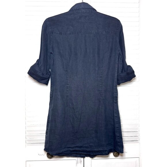 Womens French 100% Linen Navy Blue Roll Tab Sleeve Tunic Shirt Jacket Size Small - Picture 4 of 13